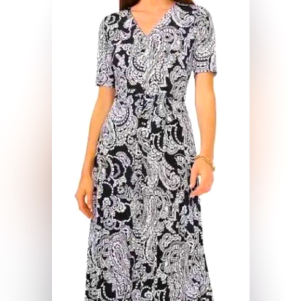 Paisley Midi Dress by Chaus New York: Navy & White, V-neck, Calf-midi.